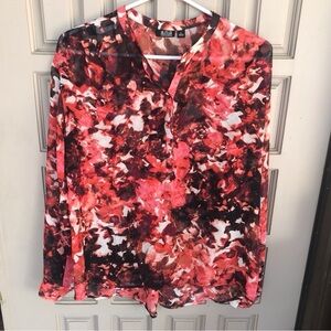 Ana SzL Button Down Blouse Pink/Blk Long Sleeve V Neck Button Cuffs